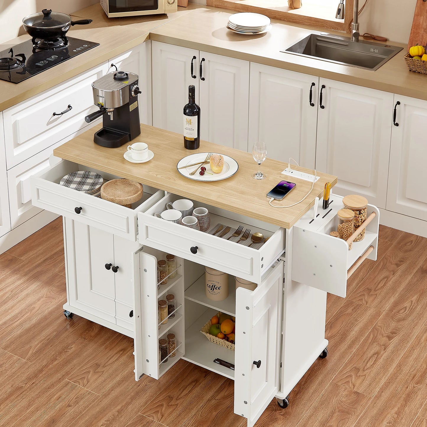 Mobile Kitchen Island Trolley With Drop Leaf And Spice Rack