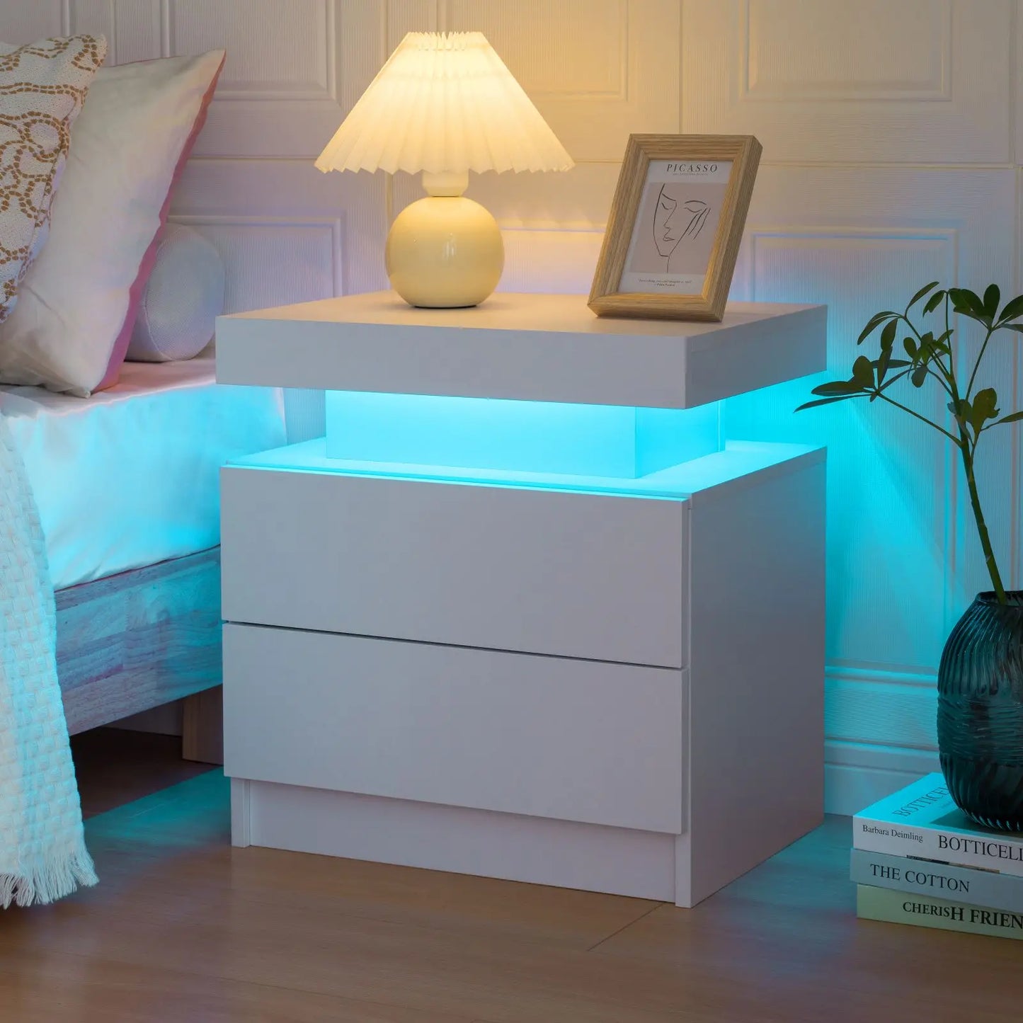 Cubehom Modern LED Nightstand With 2 Drawers And RGB Lights