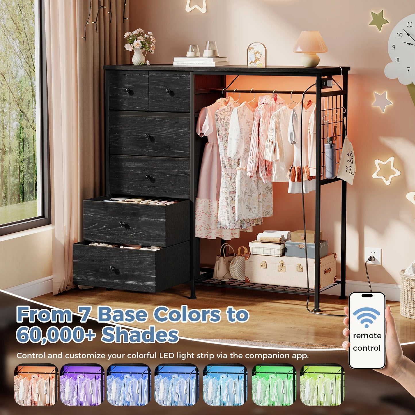 JHK 6 Drawer Dresser With Hanging Rack And LED Lights