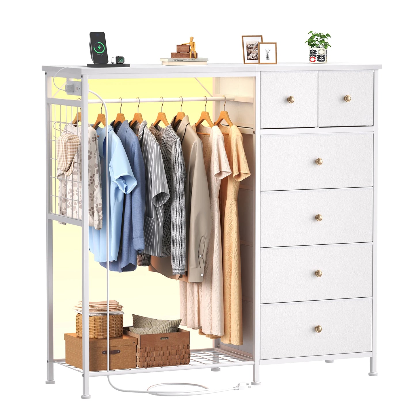 JHK 6 Drawer Dresser With Hanging Rack And LED Lights