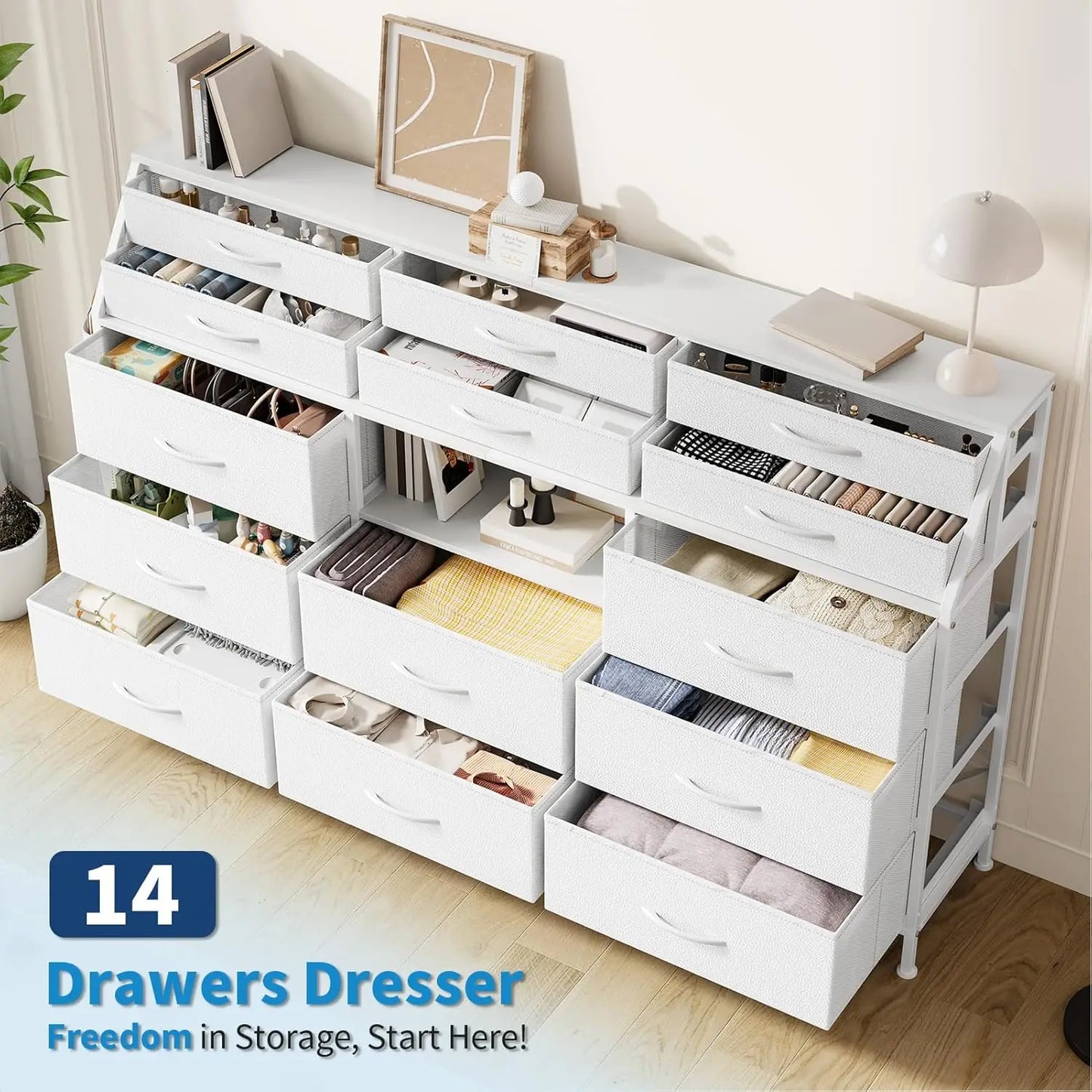 TWISTER.CK 14 Drawer Dresser With Wooden Top And Metal Frame