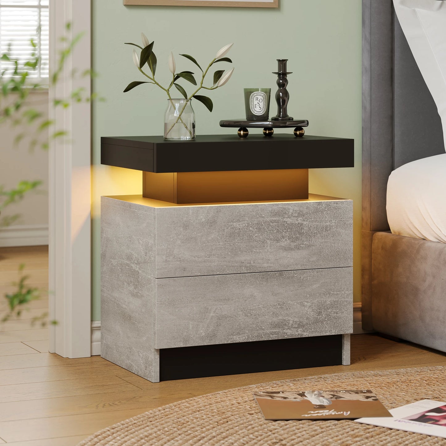 Cubehom Modern LED Nightstand With 2 Drawers And RGB Lights