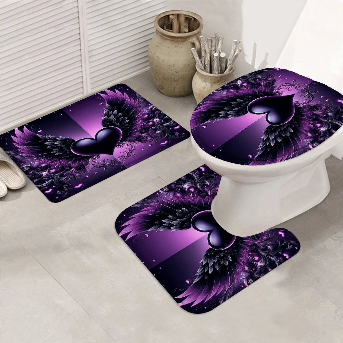 4 Piece Shower Curtain Set With Hooks Gothic Heart Print Waterproof Polyester