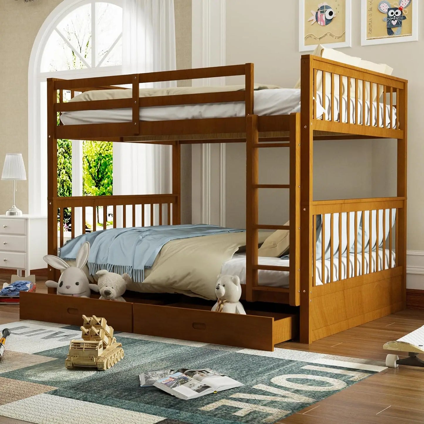 Solid Wood Full Over Full Bunk Bed Frame With Drawers