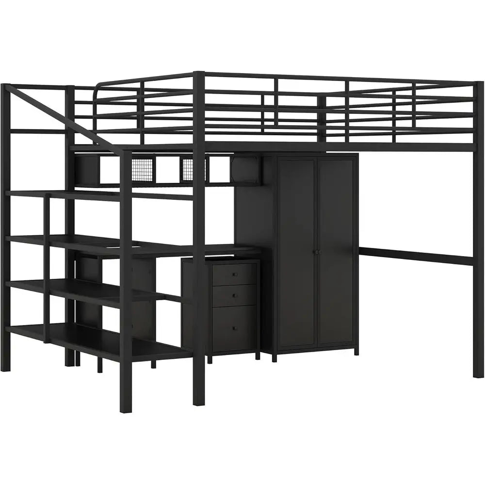 Loft Bed With Stairs Desk Wardrobe Cabinet And Guard Rails