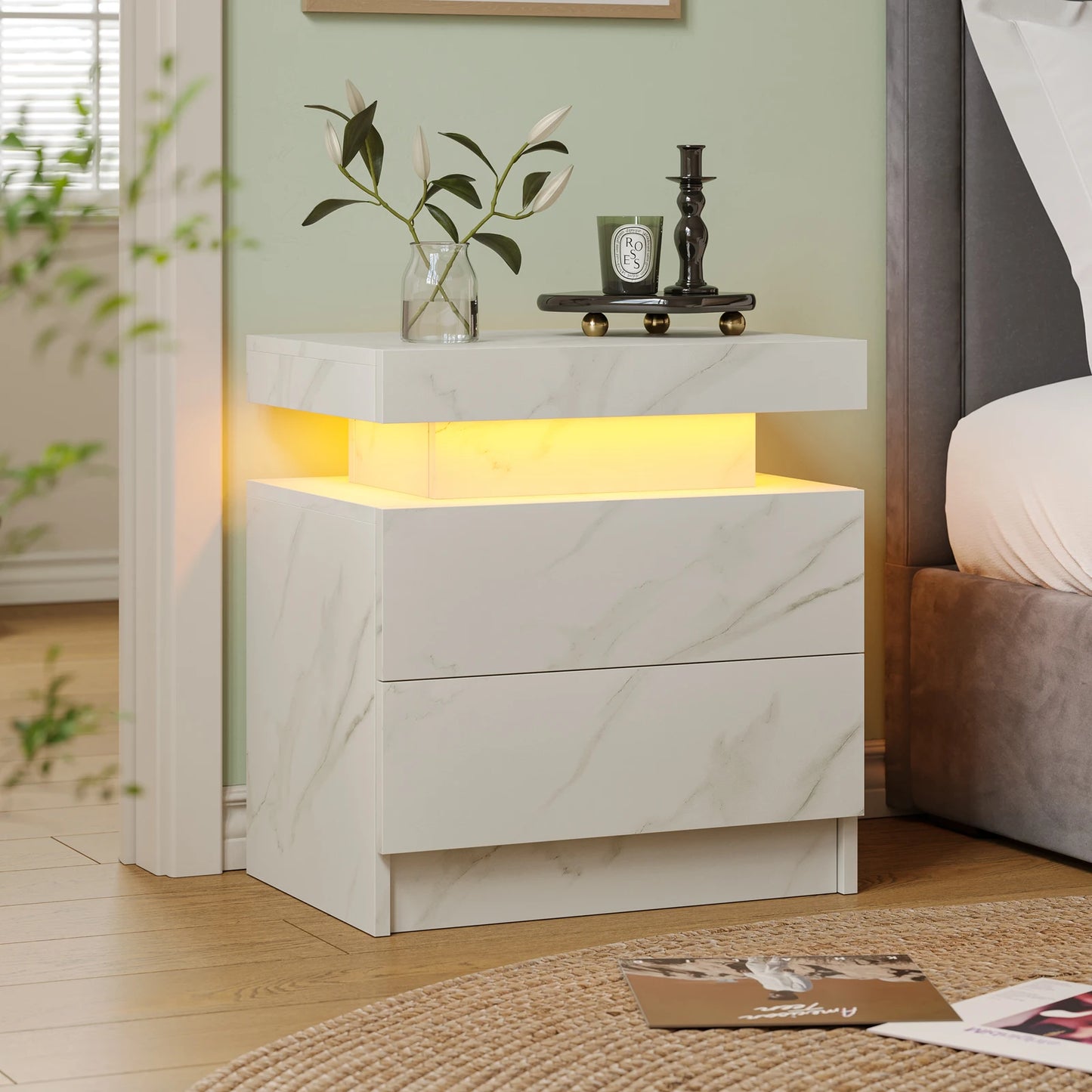 Cubehom Modern LED Nightstand With 2 Drawers And RGB Lights