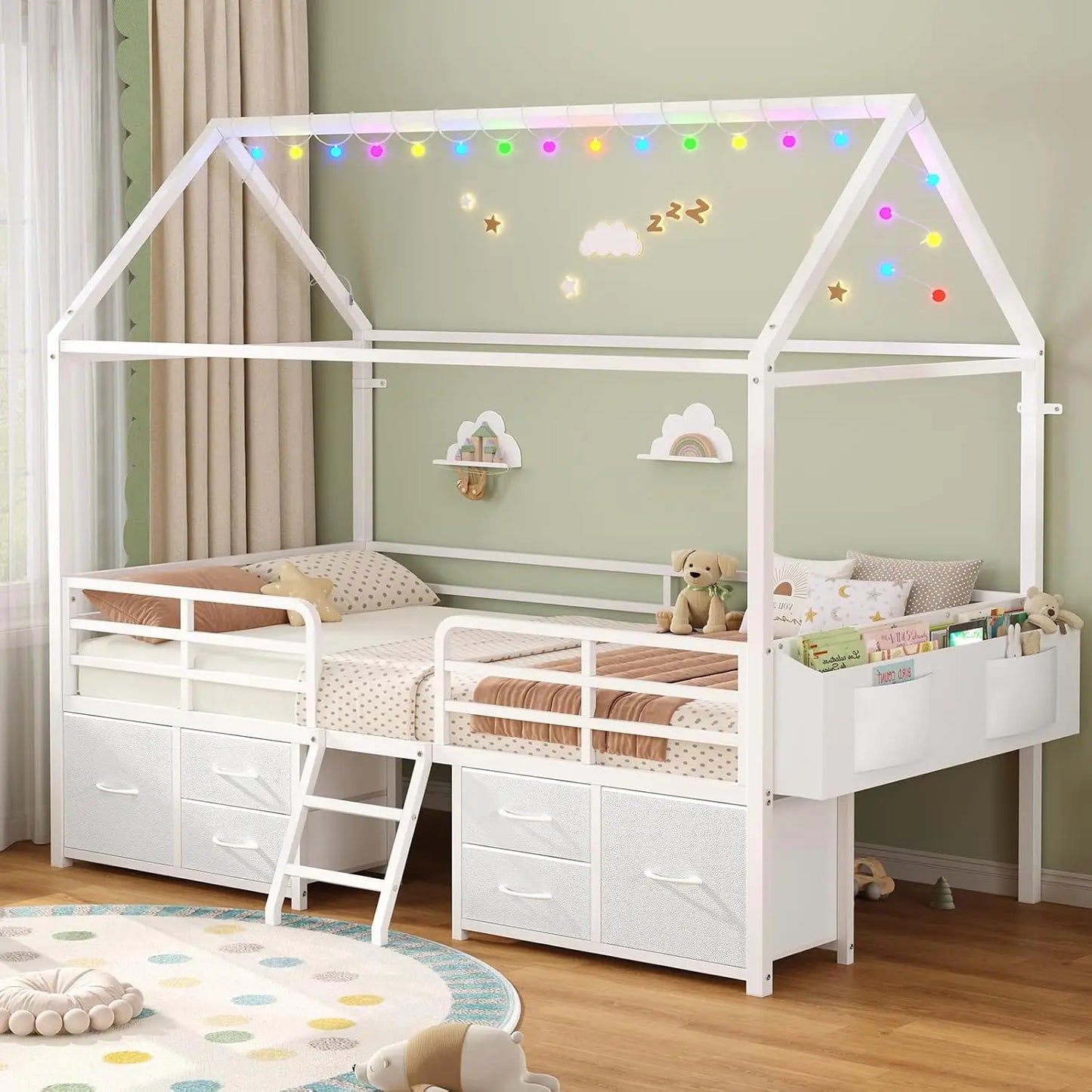 Kids Bed Frame With Six Drawers And Globe String Lights