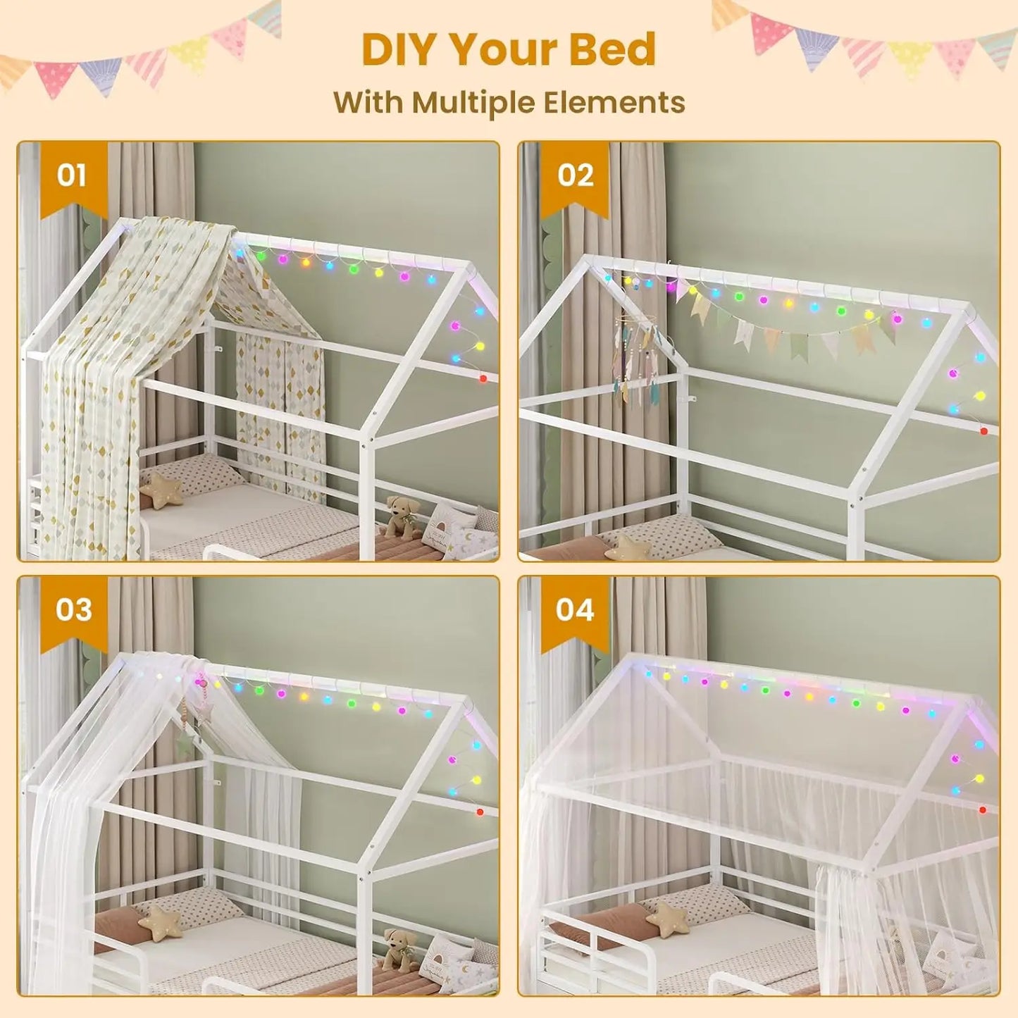 Kids Bed Frame With Six Drawers And Globe String Lights