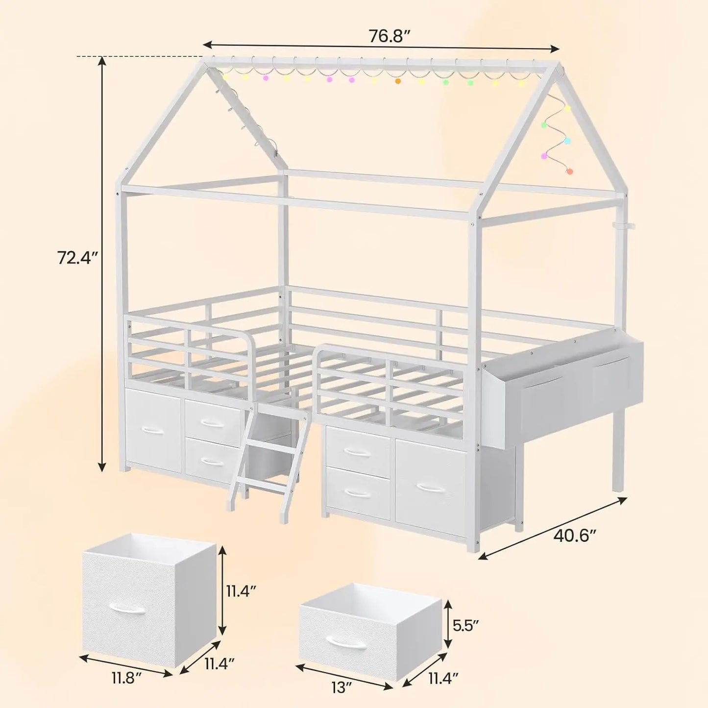 Kids Bed Frame With Six Drawers And Globe String Lights