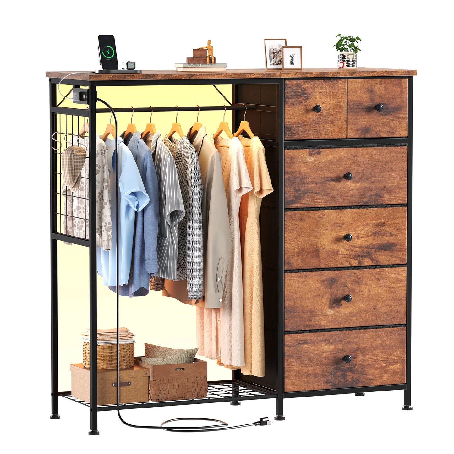 JHK 6 Drawer Dresser With Hanging Rack And LED Lights