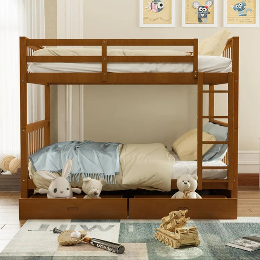 Solid Wood Full Over Full Bunk Bed Frame With Drawers