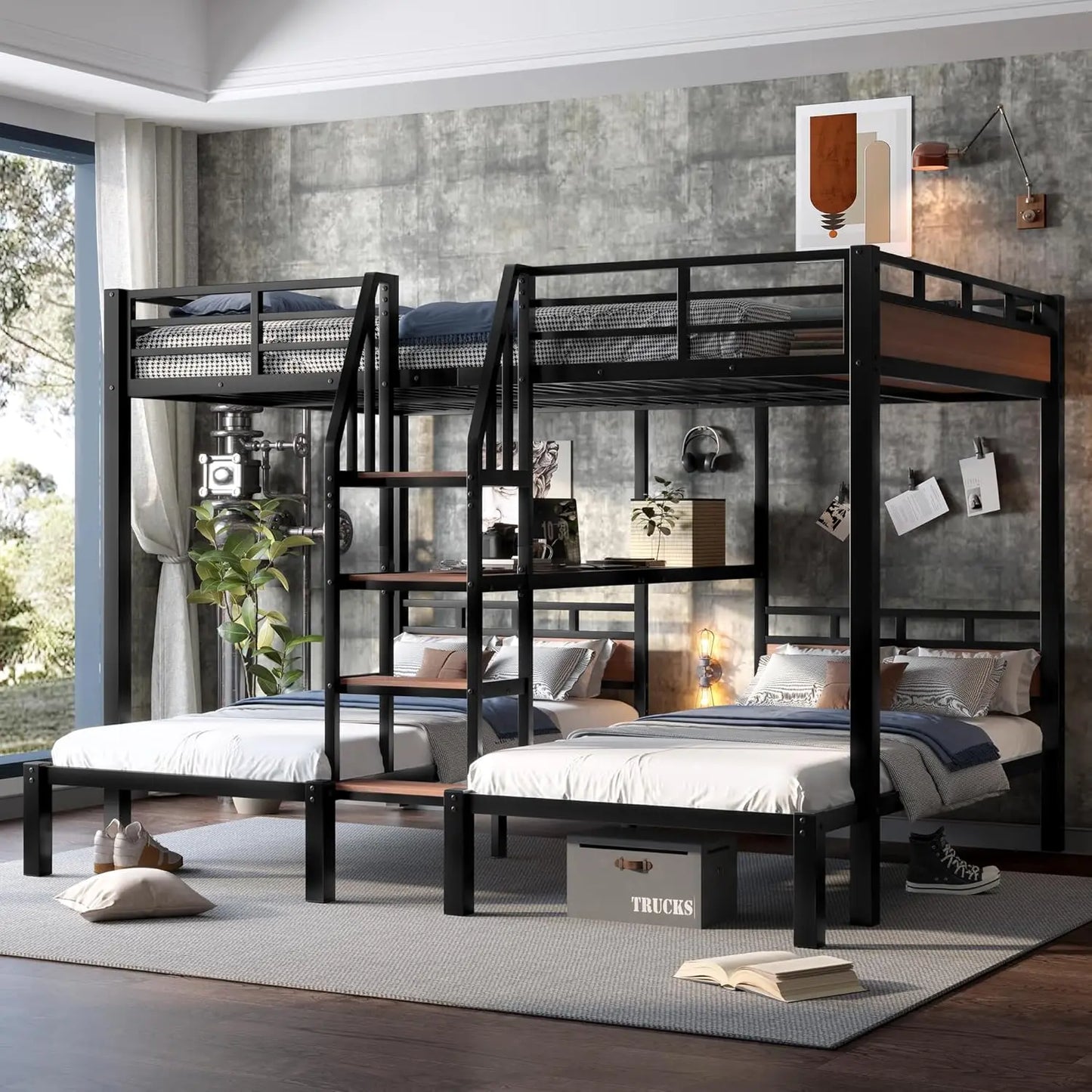 Queen Over Twin Metal Bunk Bed With Storage Stairs Shelves