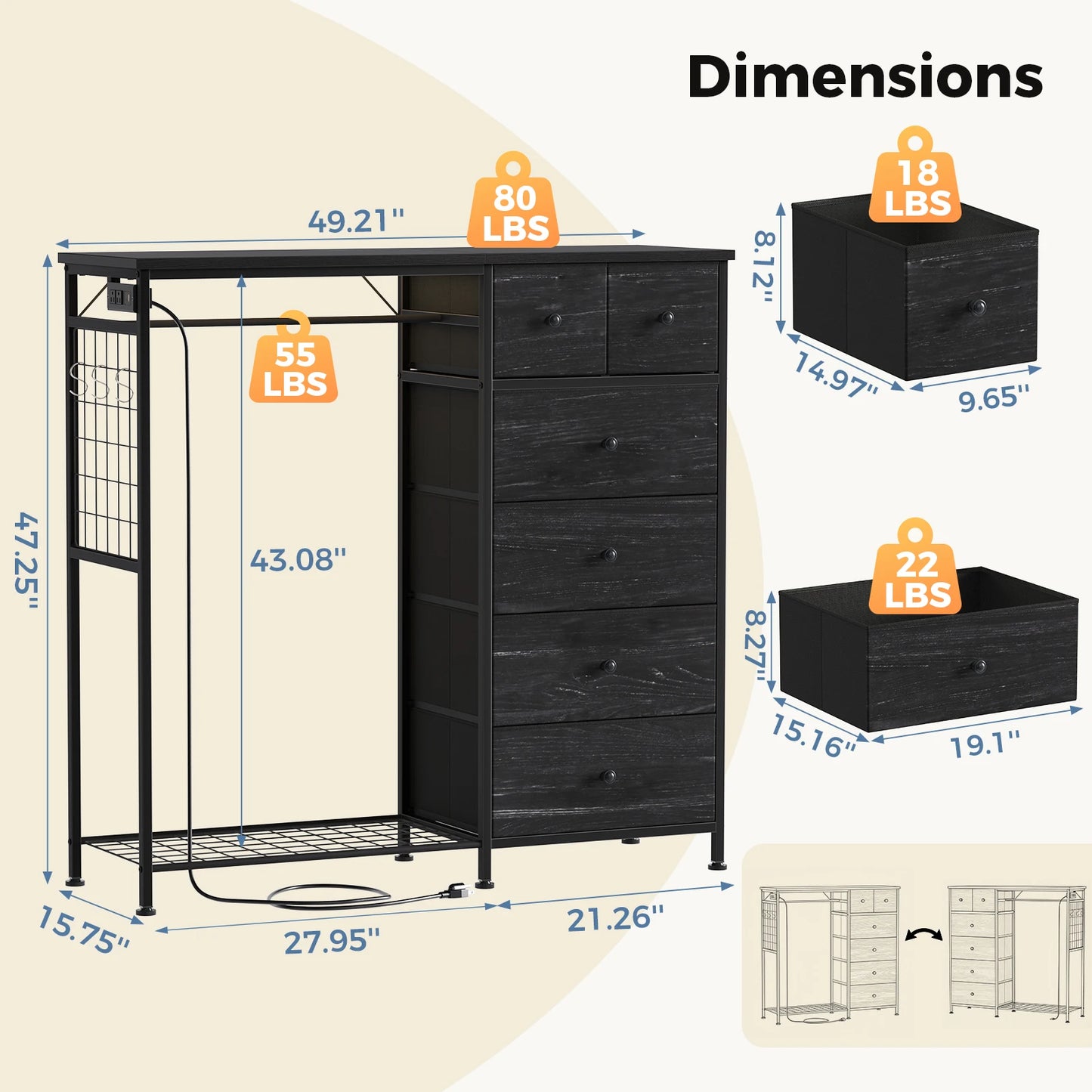 JHK 6 Drawer Dresser With Hanging Rack And LED Lights