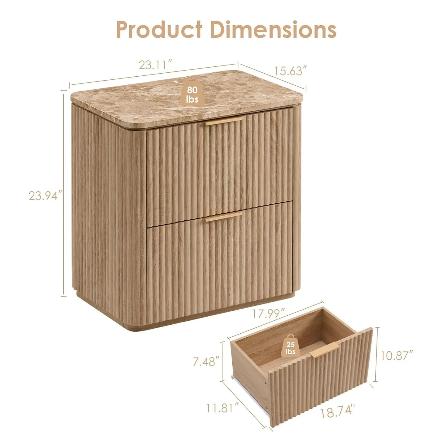 Fluted Nightstand Set Of 2 With Faux Marble Top Drawers