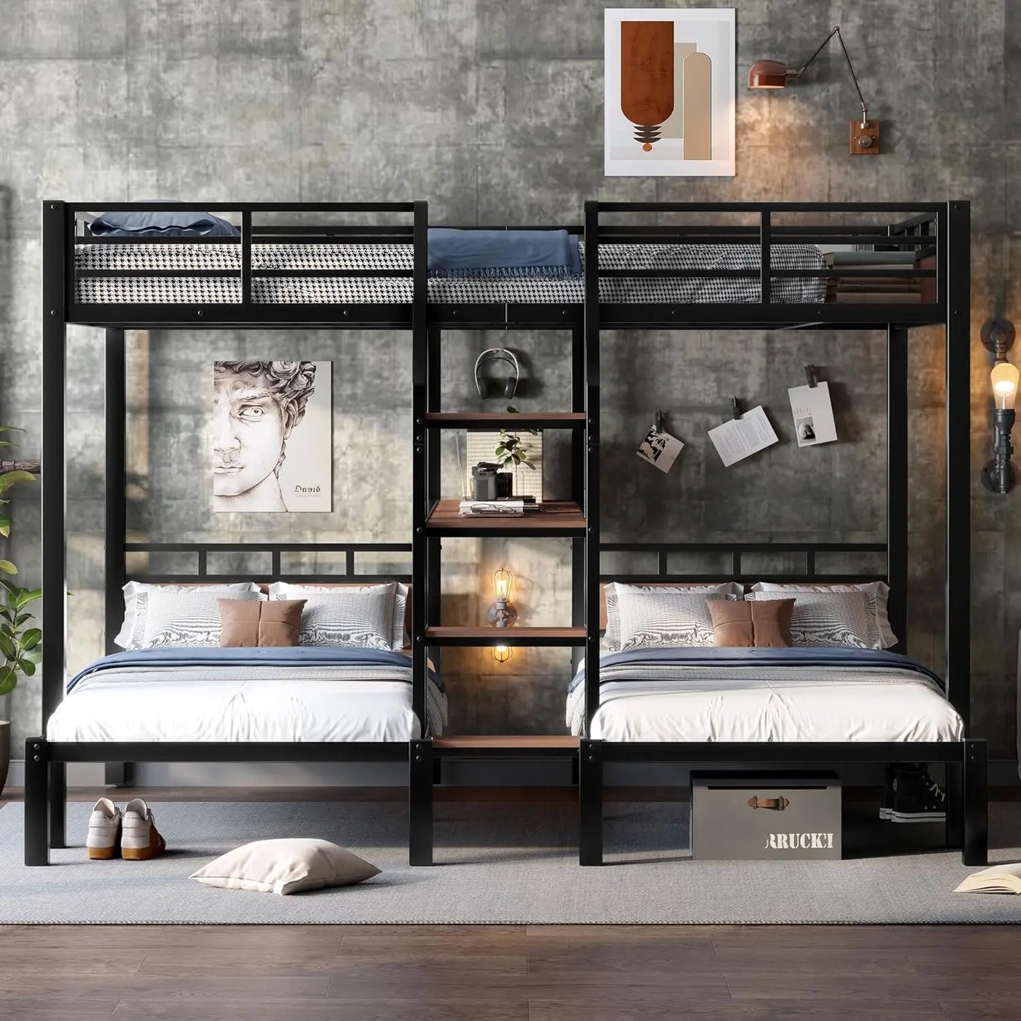 Queen Over Twin Metal Bunk Bed With Storage Stairs Shelves