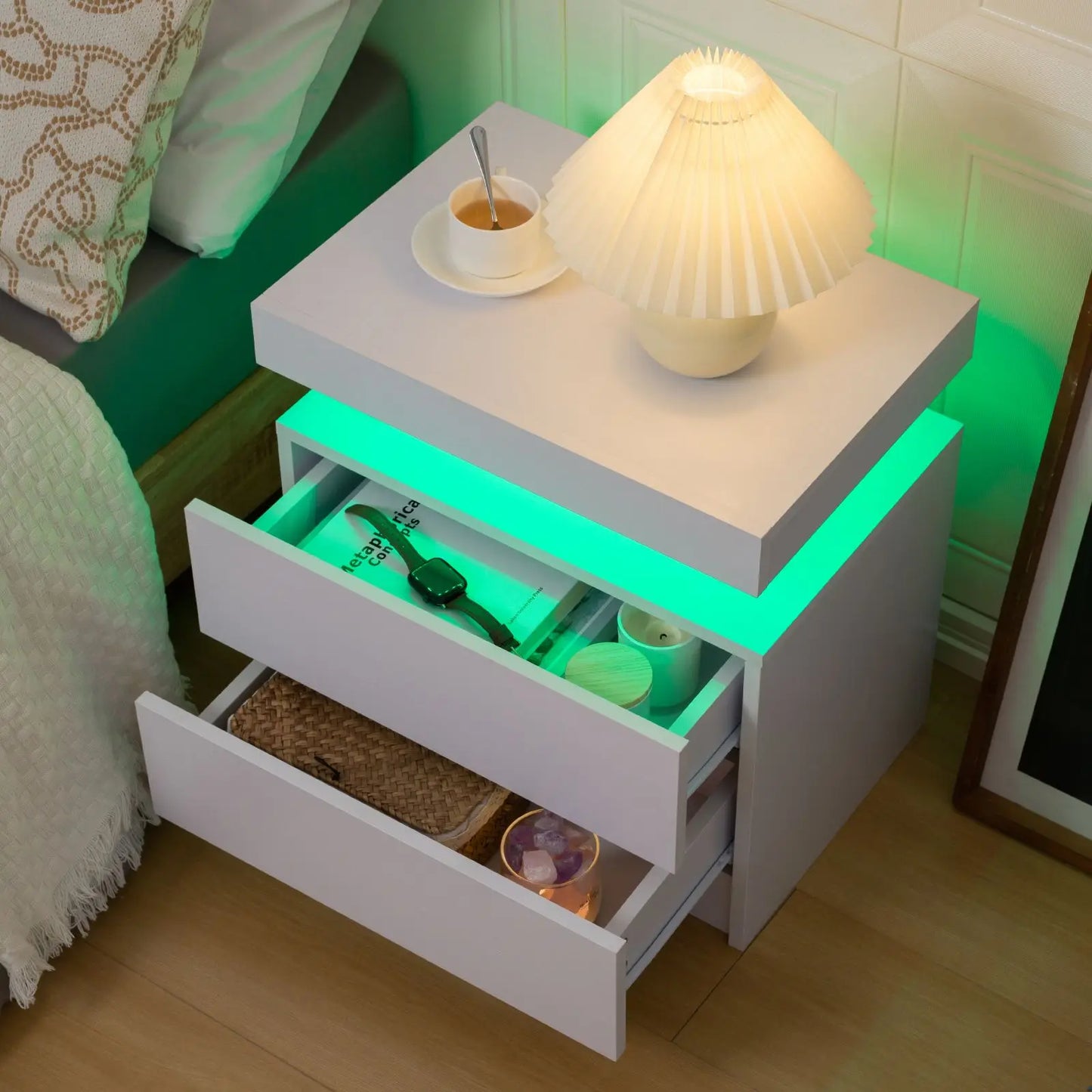Cubehom LED Nightstand With 2 Drawers And RGB Bedside Table