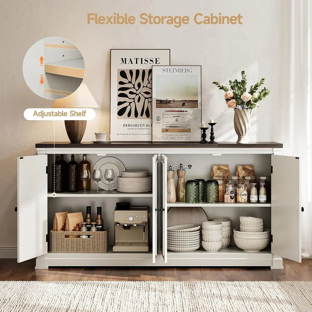 Wood Sideboard Cabinet With 4 Doors And Adjustable Shelves For Home Bar