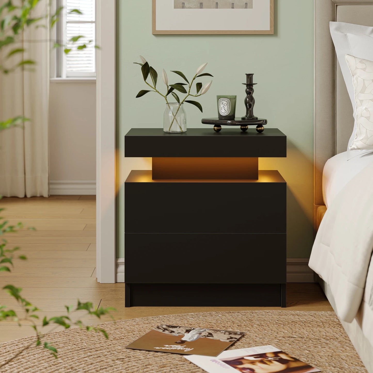 Cubehom Modern LED Nightstand With 2 Drawers And RGB Lights