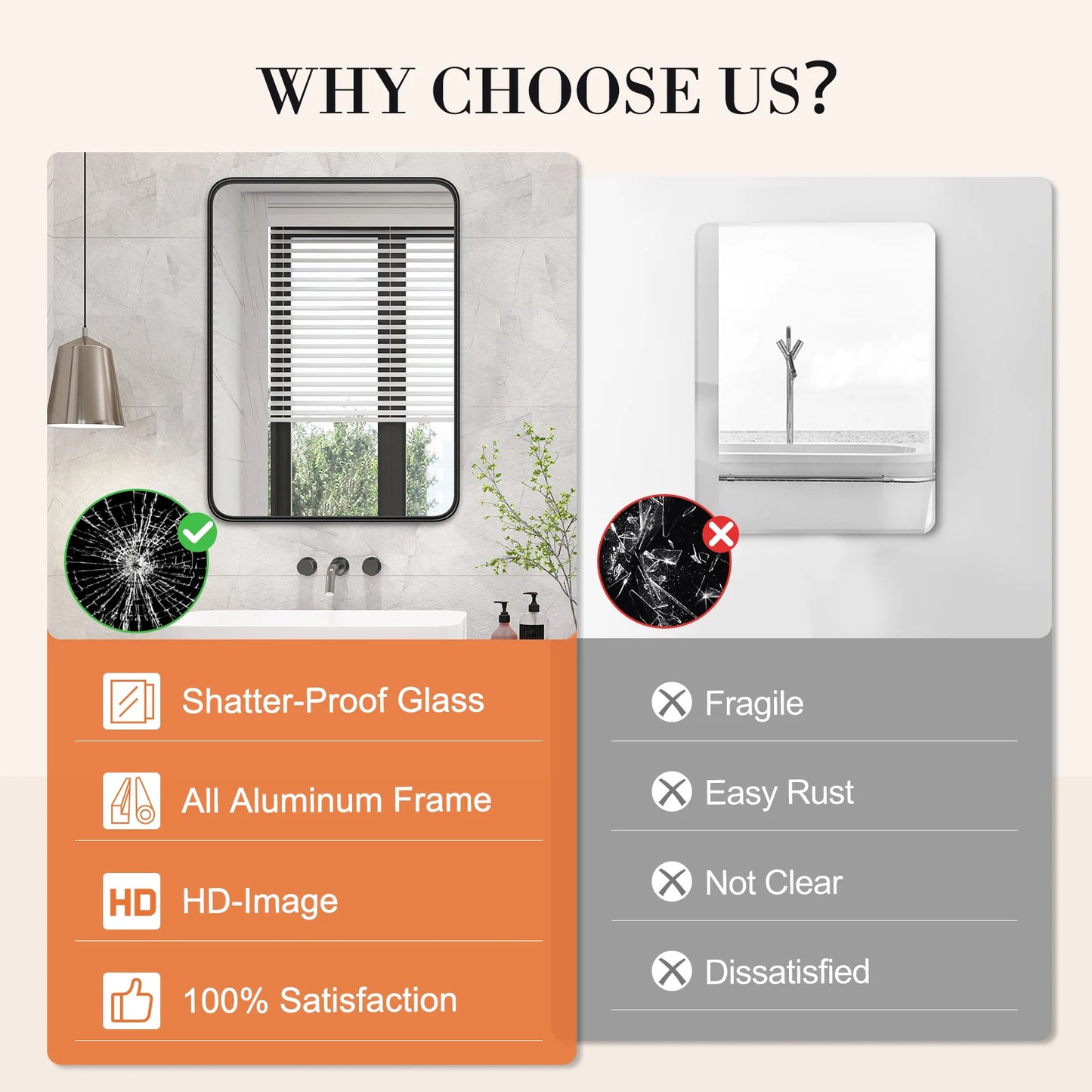 JHK Matte Metal Framed Bathroom Mirror Wall Mount Vanity