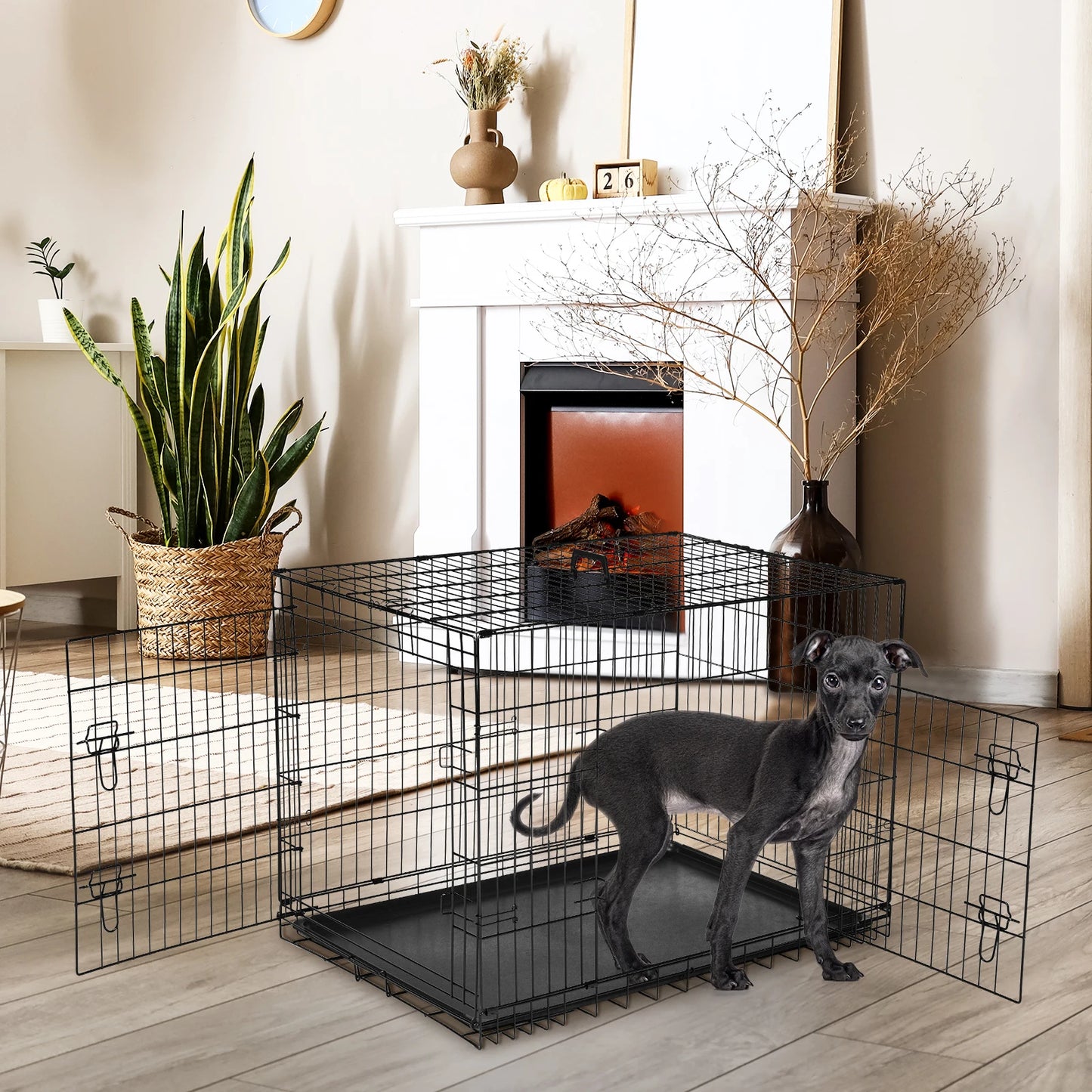 JHK Folding Metal Wire Dog Cage With Leak-Proof Pan Tray
