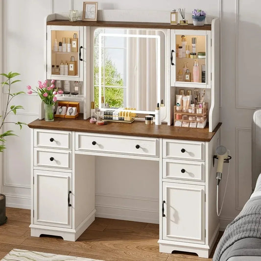 Farmhouse Vanity Desk With Led Lighted Makeup Mirror And 5 Drawers 6 Shelves