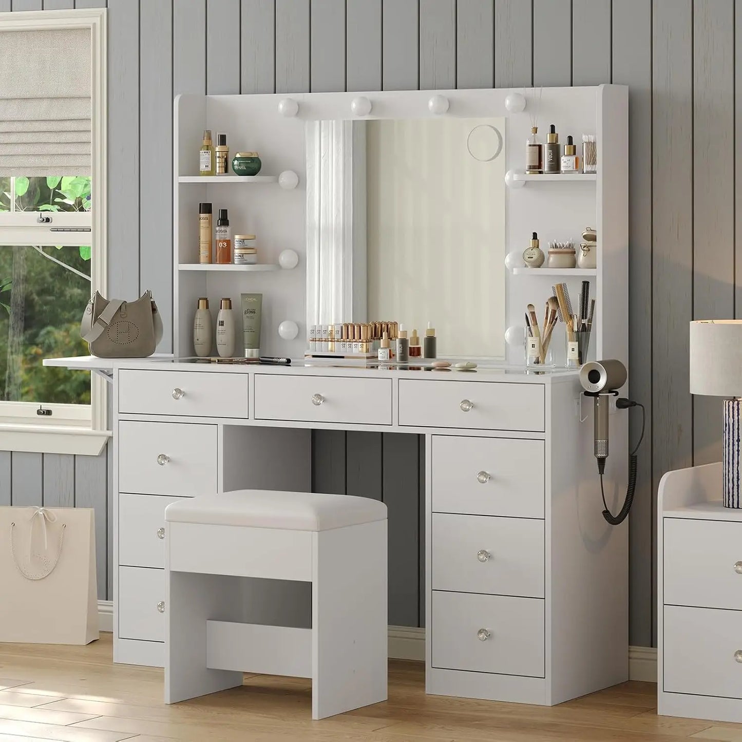 Vanity Desk With LED Mirror Shelves And 3 Lighting Modes