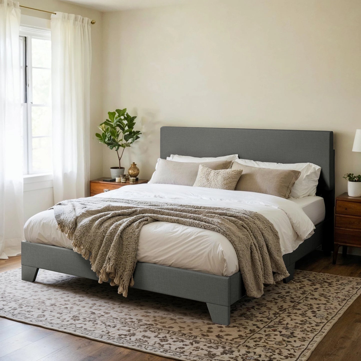 HOOMIC Upholstered Bed Frame With Adjustable Headboard And Soft Linen