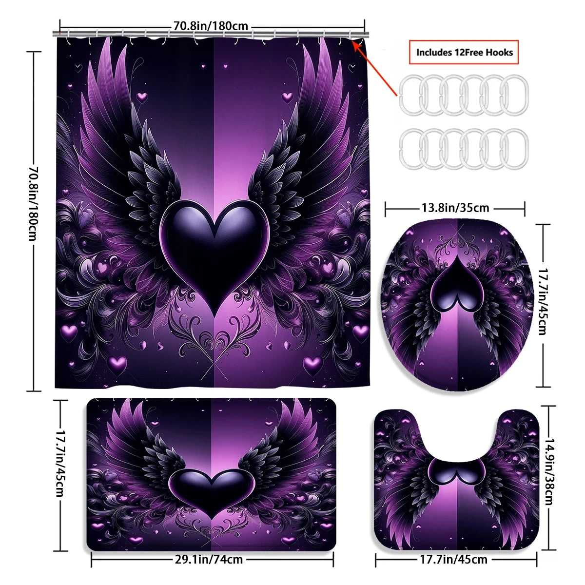 4 Piece Shower Curtain Set With Hooks Gothic Heart Print Waterproof Polyester