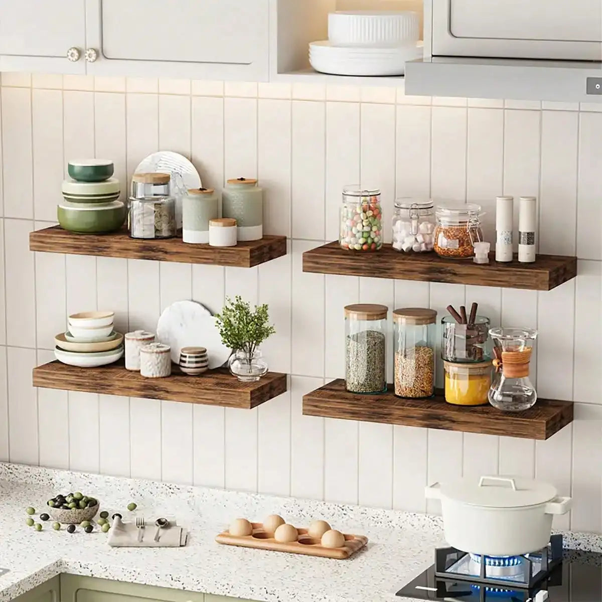 Four Tier Floating Shelves With Invisible Brackets In Rustic Finish