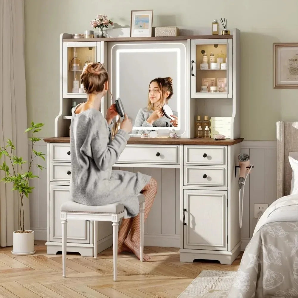Farmhouse Vanity Desk With Led Lighted Makeup Mirror And 5 Drawers 6 Shelves