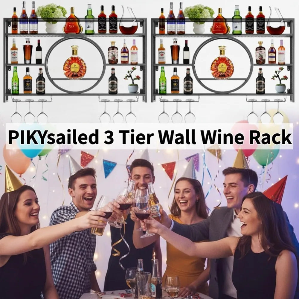 Wall Mounted Wine Rack Three Tier With Glass Holder Large Capacity