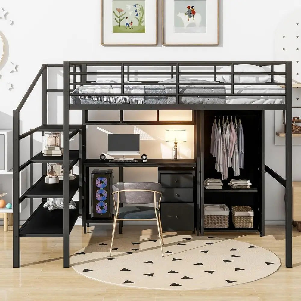 Loft Bed With Stairs Desk Wardrobe Cabinet And Guard Rails