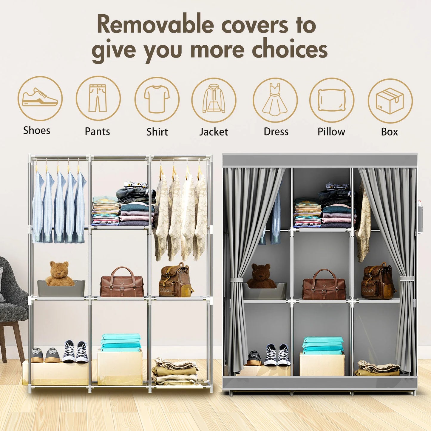 Closet Storage Portable Wardrobe Organizer Nonwoven Fabric Large Capacity