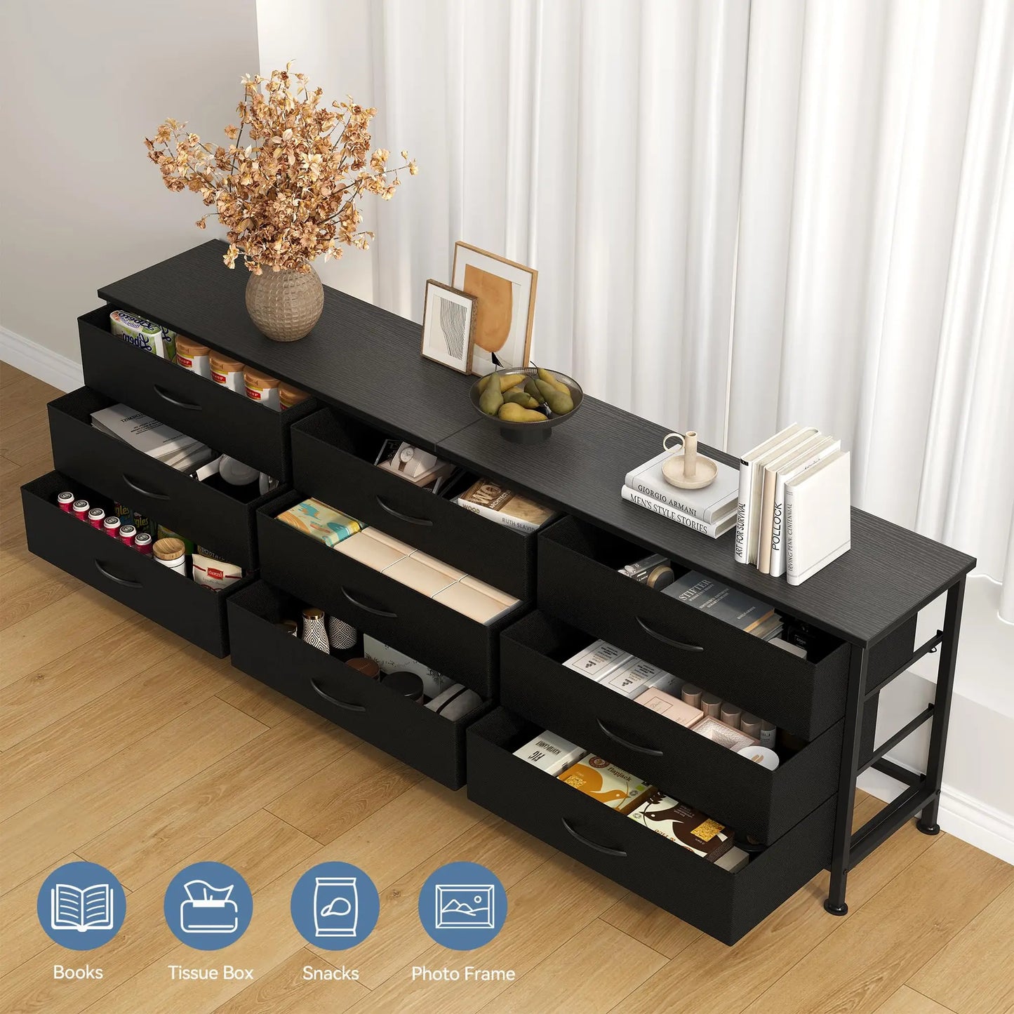 JHK Modern Living Room Cabinet With Fabric Drawers Entertainment Center