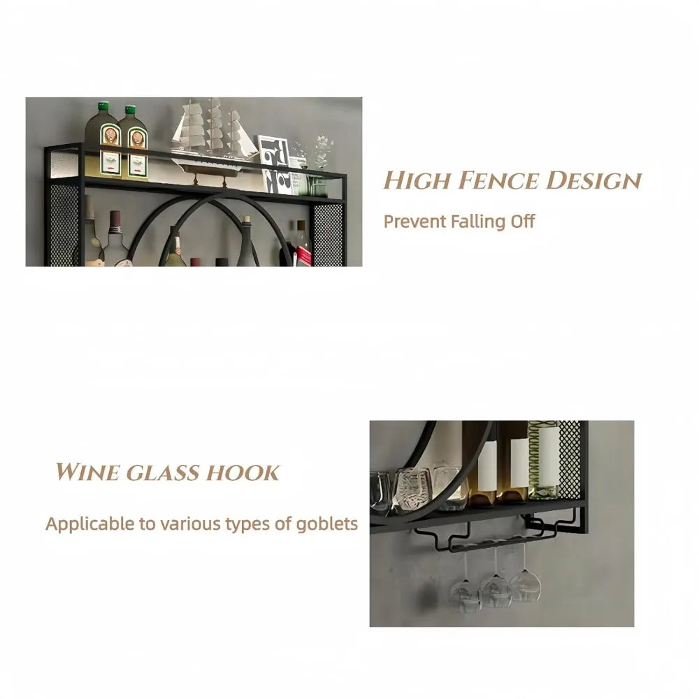 Wall Mounted Wine Rack Three Tier With Glass Holder Large Capacity