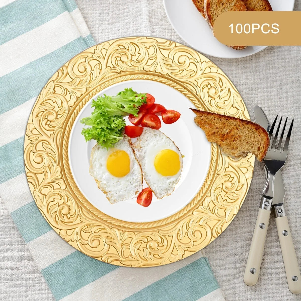 Bymaocar 100 Pcs PP Round Charger Plates Set Gold
