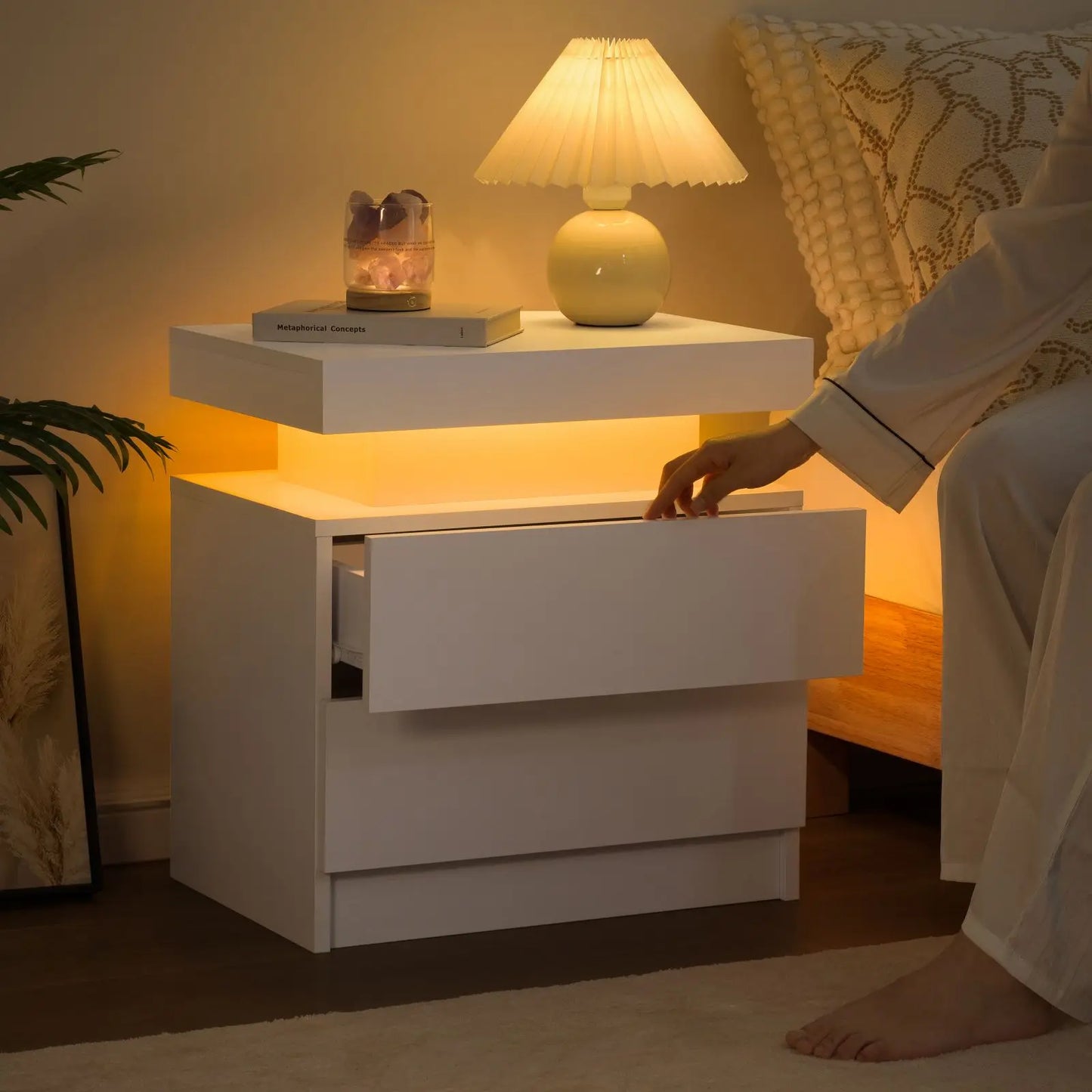 Cubehom Modern LED Nightstand With 2 Drawers And RGB Lights