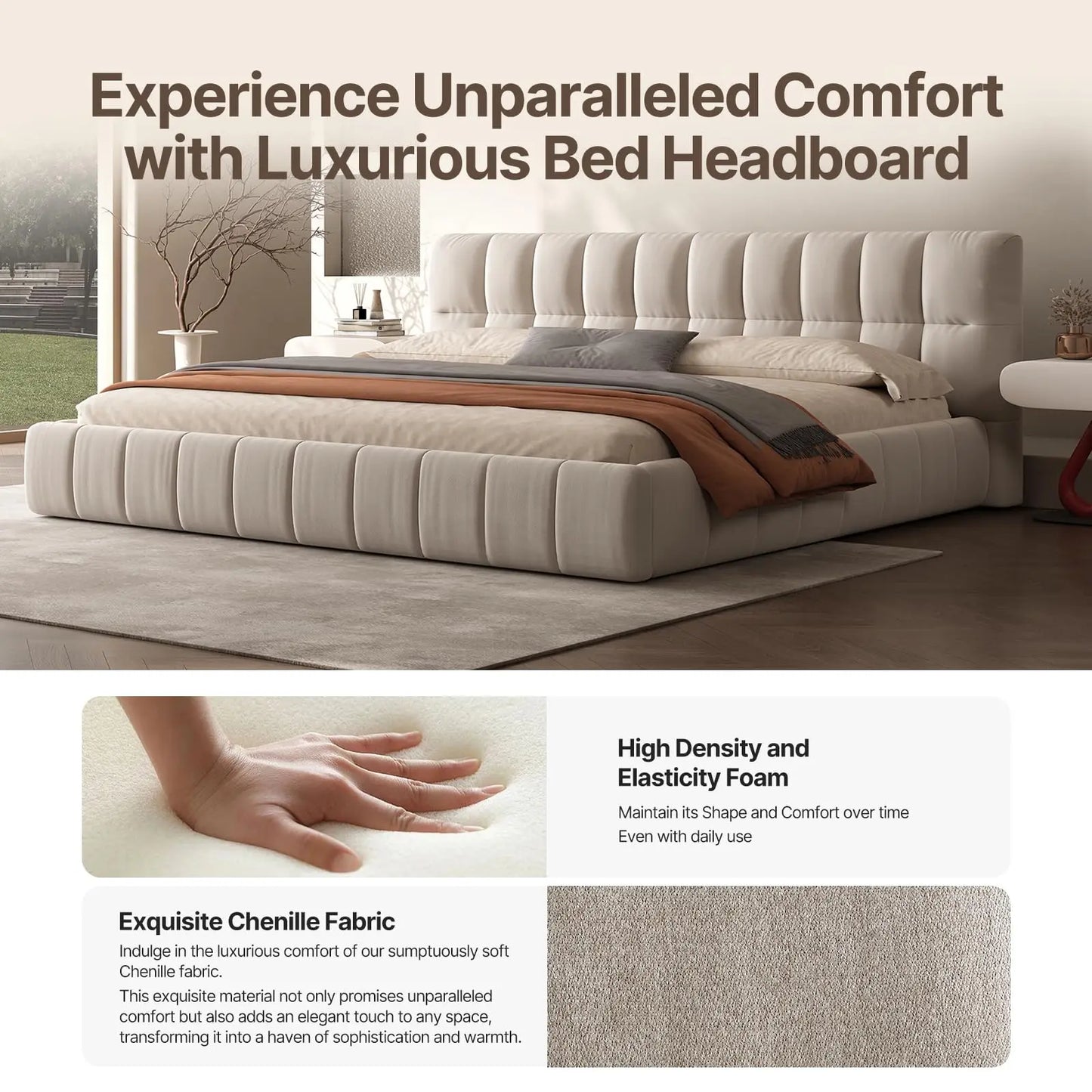 QWC Modern Cloud Platform Bed With High Extra Thick Headboard And Footboard