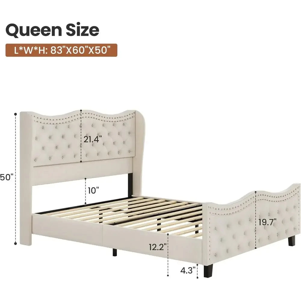 Velvet Button-Tufted Wingback Platform Bed With Headboard No Box Spring