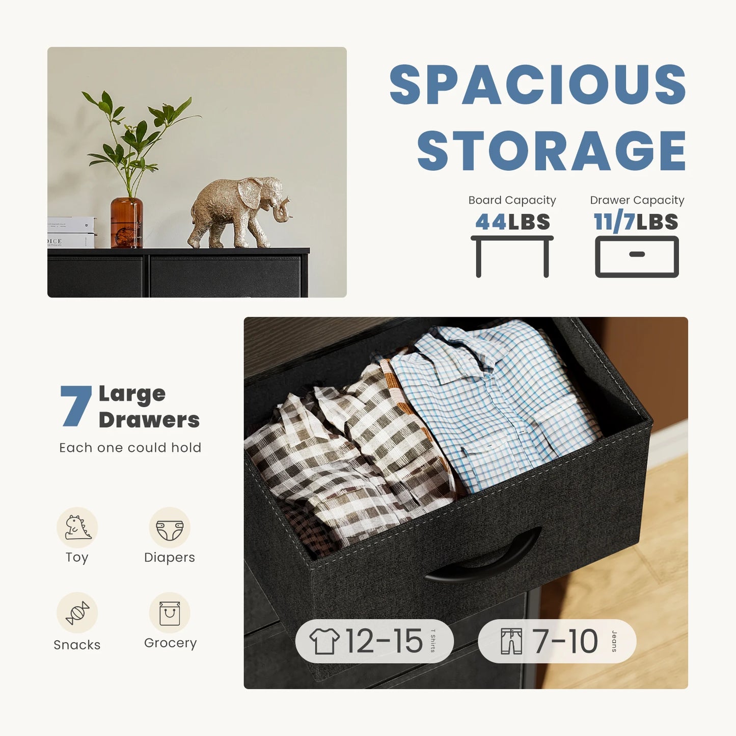 JHK Dresser With 7 Fabric Drawers Closet Organizer Bedroom Furniture