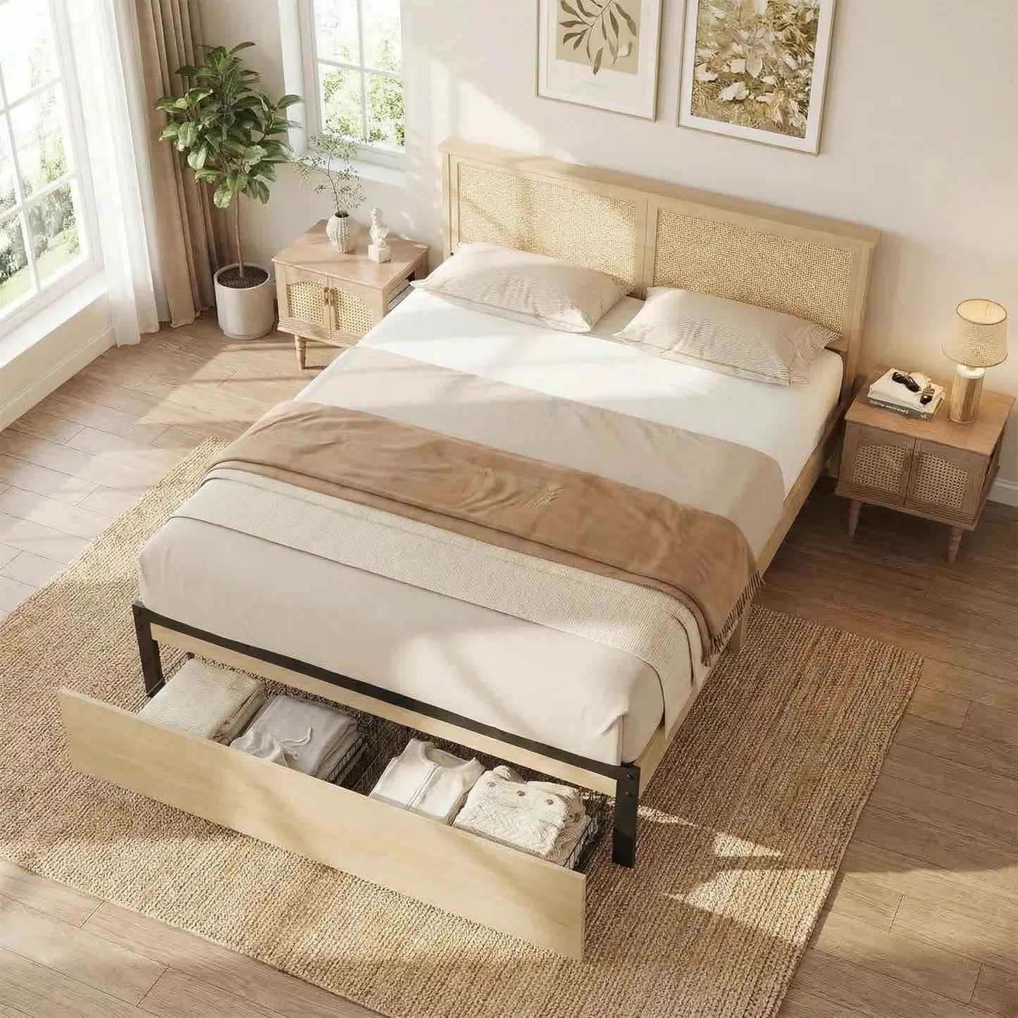 HobbyLane Rattan Bed Frame Boho Cane Headboard Drawer Storage