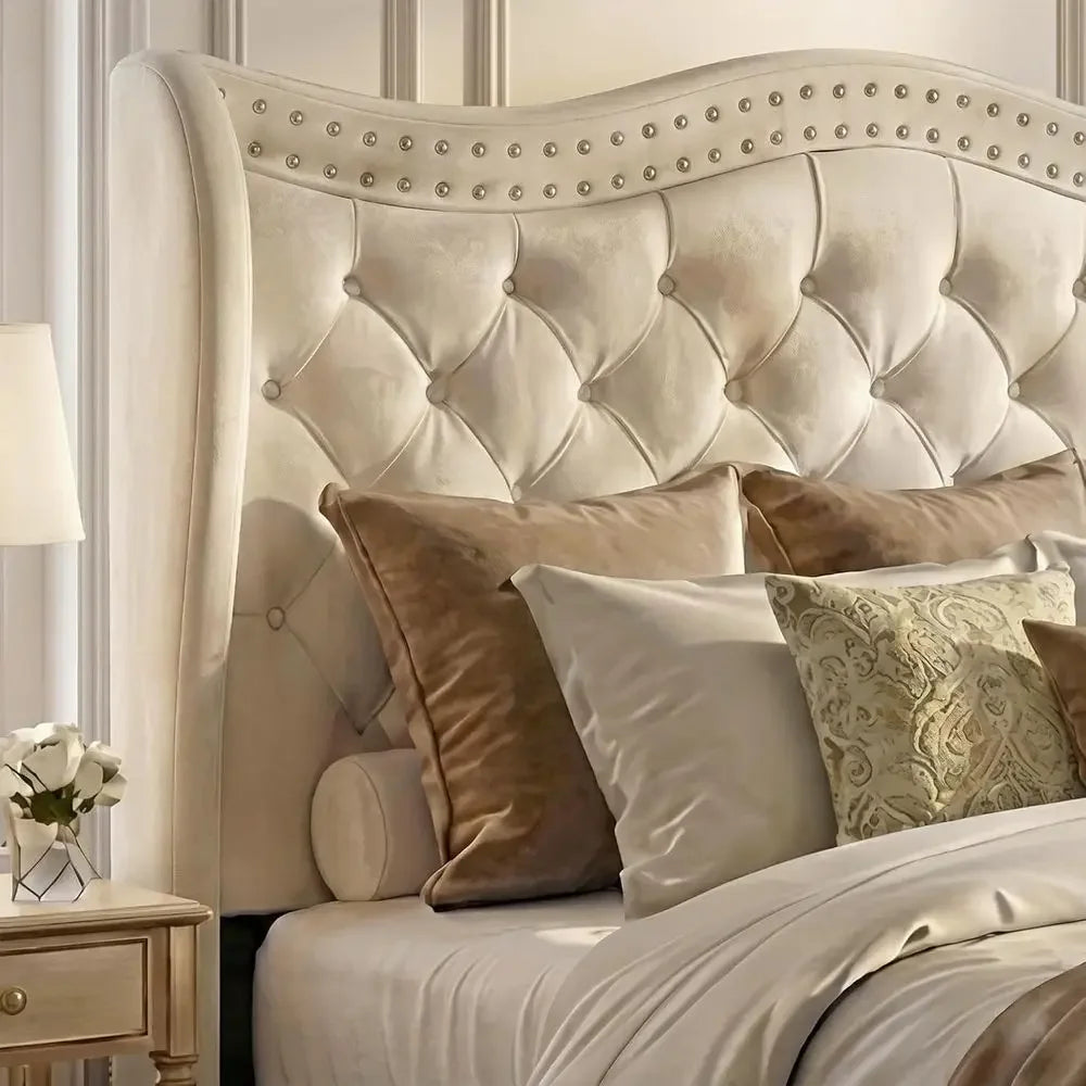 Velvet Button-Tufted Wingback Platform Bed With Headboard No Box Spring
