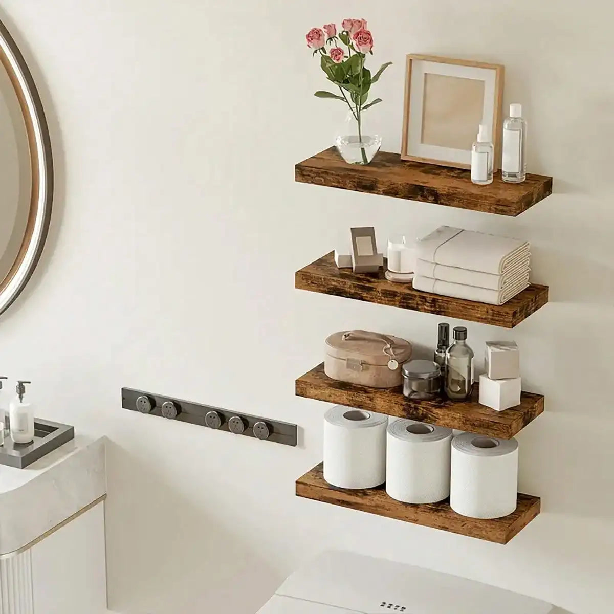 Four Tier Floating Shelves With Invisible Brackets In Rustic Finish