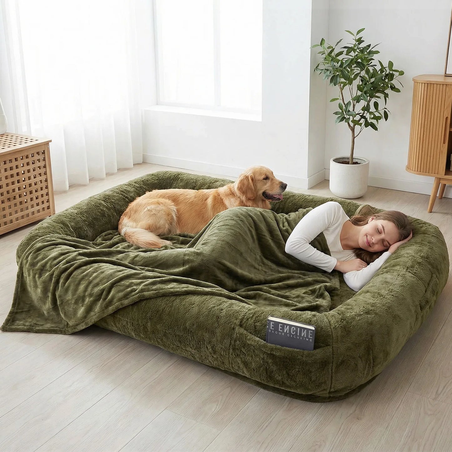 Plush Faux Fur Dog Bed With Washable Cover And Blanket