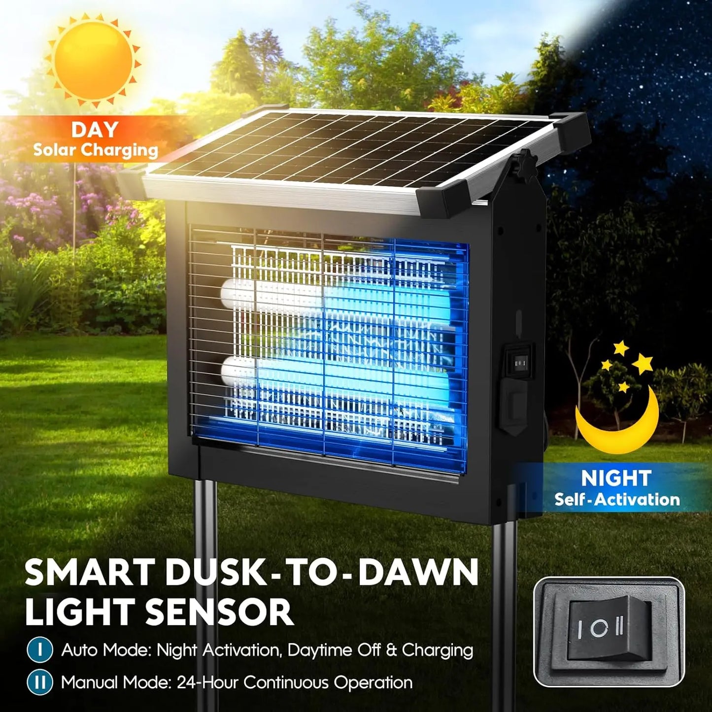 Solar Bug Zapper 4500V Outdoor Waterproof Mosquito Killer Panel Sensor