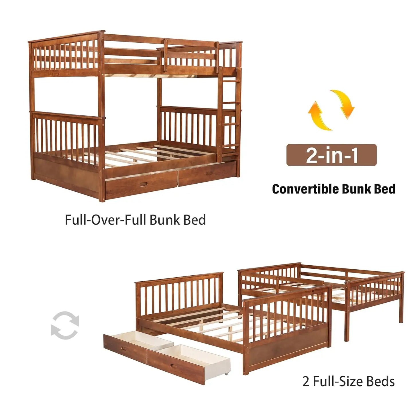 Solid Wood Full Over Full Bunk Bed Frame With Drawers