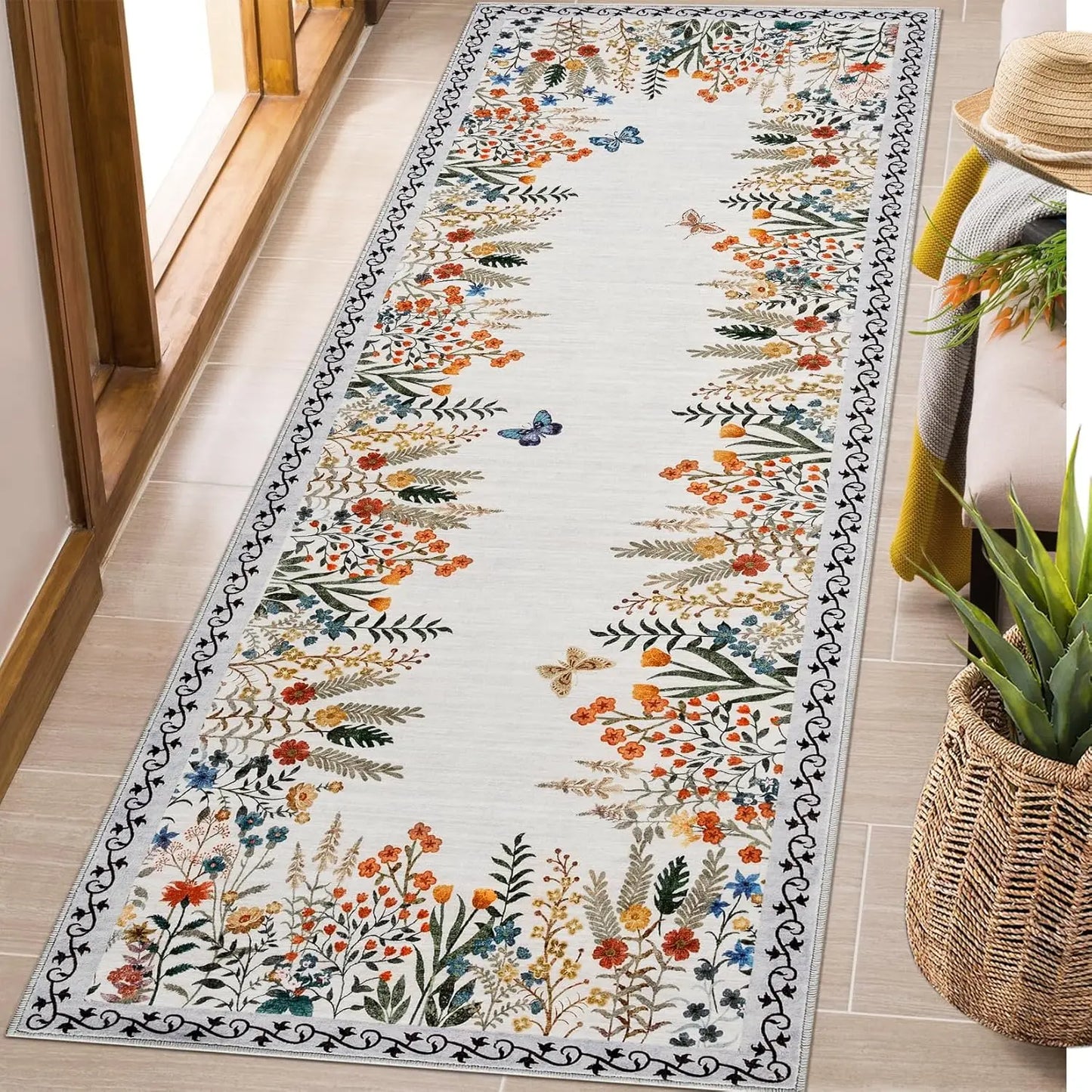 HiMISS Washable Floral Area Rug Non Slip Living Room Hallway Runner