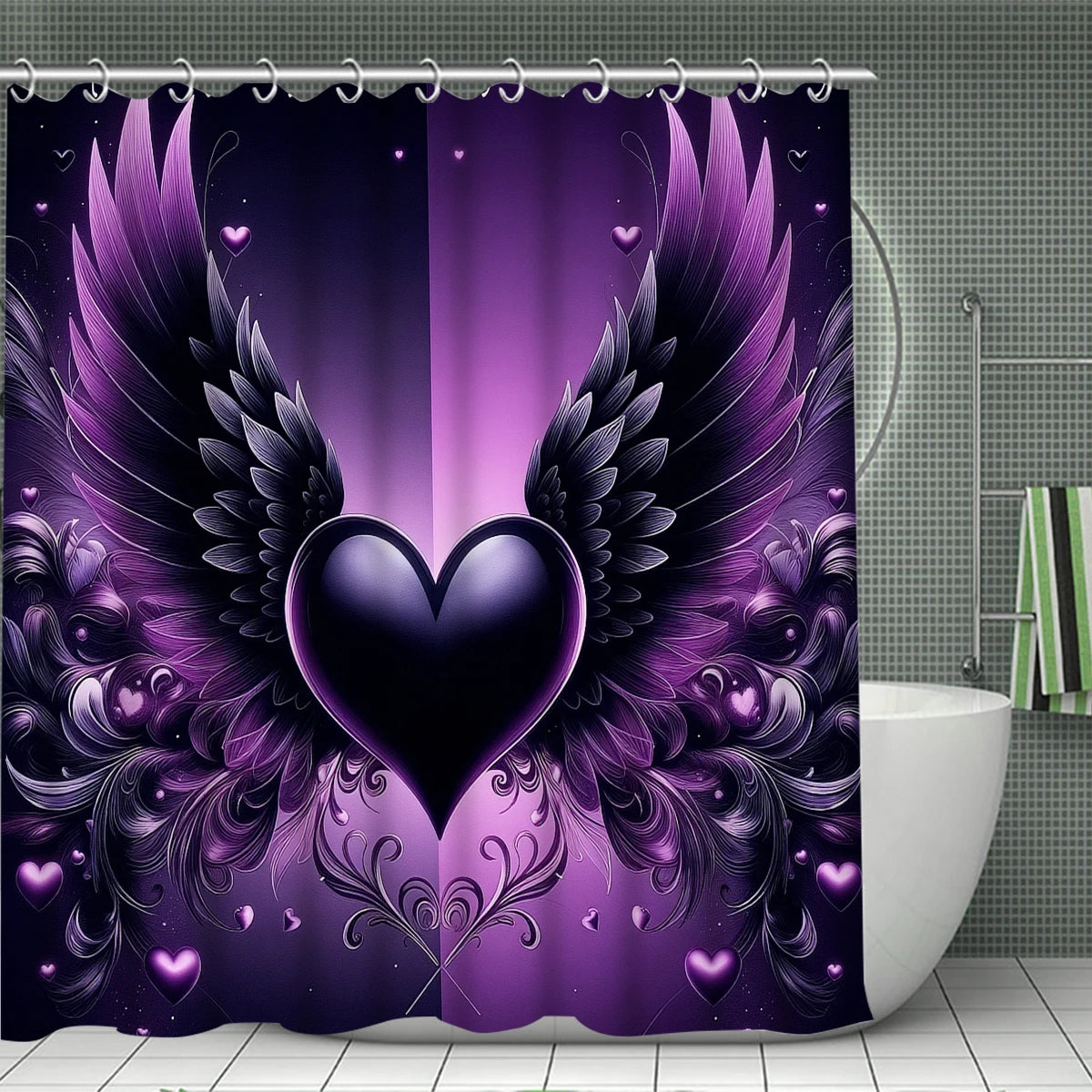 4 Piece Shower Curtain Set With Hooks Gothic Heart Print Waterproof Polyester
