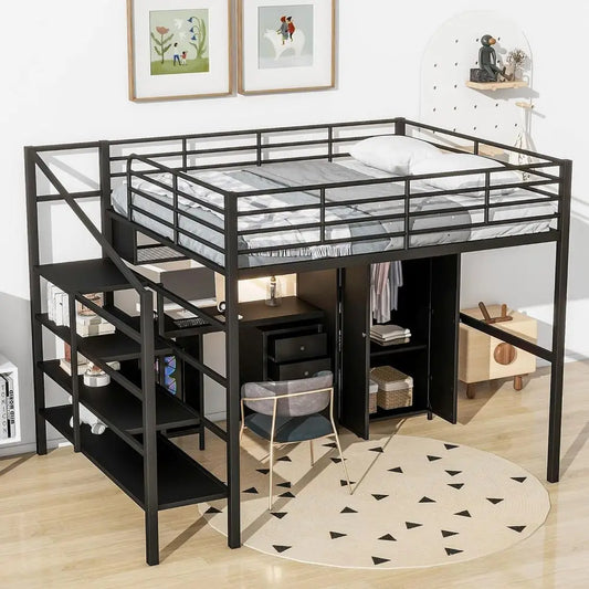 Loft Bed With Stairs Desk Wardrobe Cabinet And Guard Rails