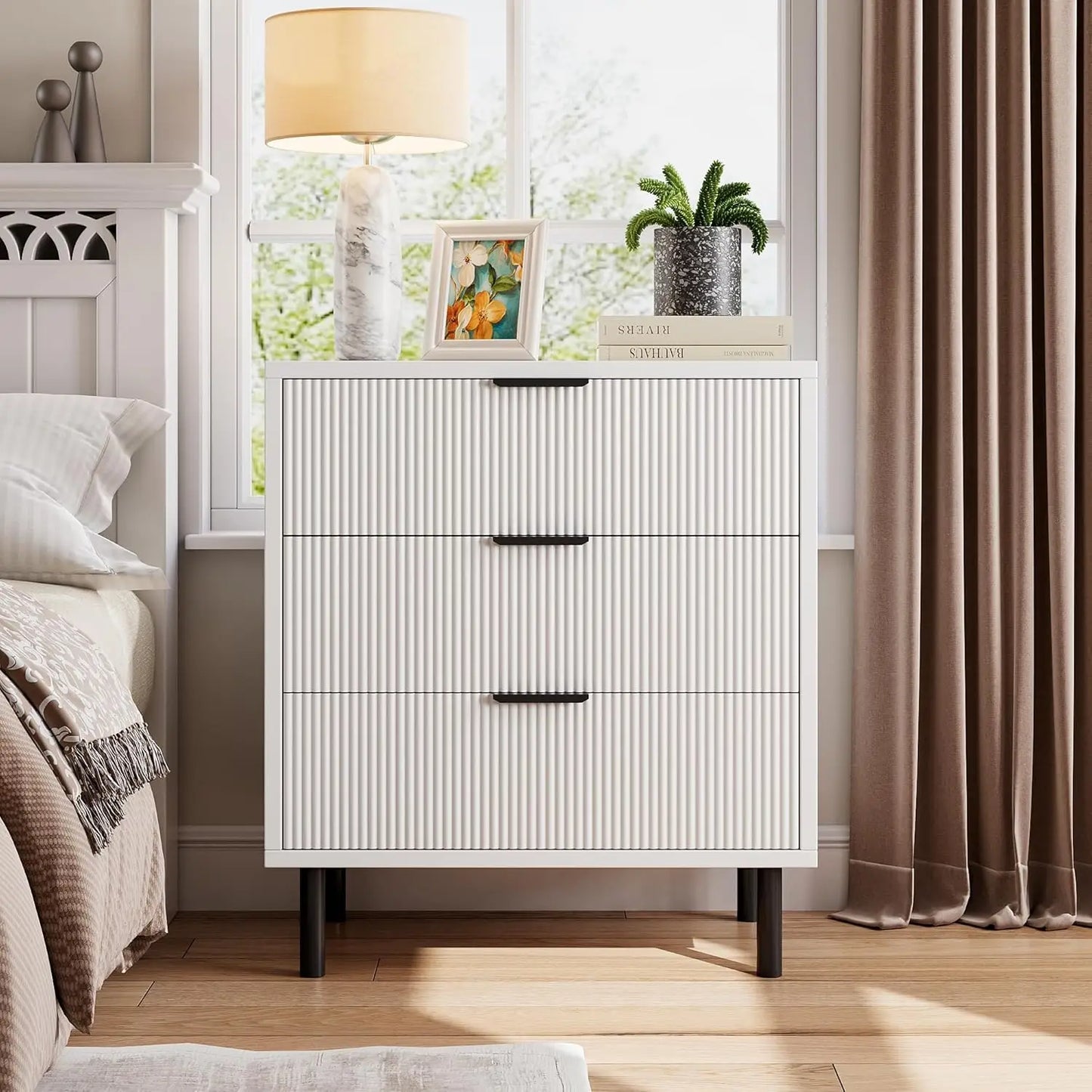 HobbyLane Fluted Three-Drawer Dresser With Metal Legs